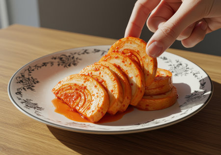 Hand reaching for spicy marinated tofu slices arranged on a patterned ceramic plate in natural morning sunlight.の素材