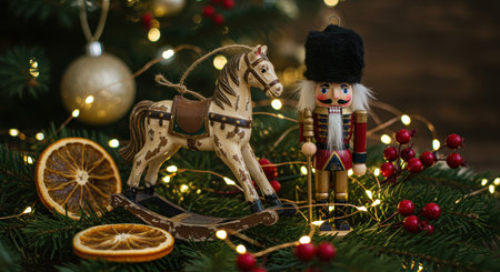 Festive holiday scene with wooden nutcracker soldier, vintage rocking horse, dried oranges, and berries amid christmas tree lights.の素材