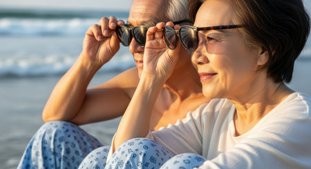 Senior couple enjoying a sunny day at the beach, relaxing together in comfortable clothing and sunglasses by the shoreline.の素材