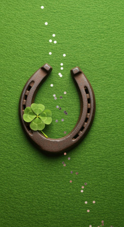 Lucky horseshoe with four leaf clover and sparkling confetti on vibrant green background symbolizing good fortune and celebration.の素材