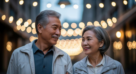 Smiling elderly couple enjoying an evening walk together in an urban setting with string lights and a warm, joyful atmosphere.の素材