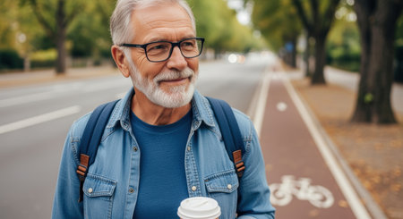 Senior man with gray beard enjoying coffee while walking outdoors in autumn wearing glasses, denim shirt, and backpack.の素材