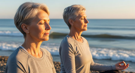 Senior women meditating peacefully by the seaside at sunrise, embracing wellness, tranquility, mindfulness, and healthy aging outdoors.の素材