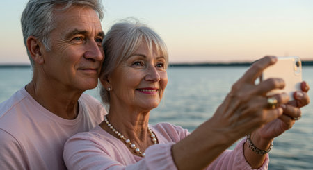 Senior couple smiling and taking a selfie together by the calm lakeside during sunset under a pastel sky.の素材