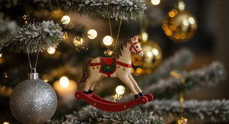 Close up of wooden rocking horse ornament hanging on snow frosted christmas tree branch with glowing lights and baubles.の素材