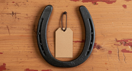 Lucky horseshoe with blank kraft paper tag on rustic wooden surface for good fortune and decorative inspiration concepts.の素材