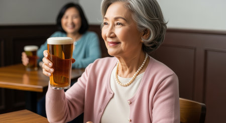 Smiling elderly woman enjoying a pint of beer at a cozy indoor pub, sharing a cheerful moment with a friend in the background.の素材