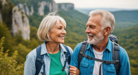 Joyful senior couple hiking together in lush green mountains, smiling and enjoying outdoor adventure in late afternoon sunshine.の素材
