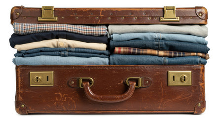 Vintage leather suitcase filled with neatly folded denim jeans and shirts, showcasing classic travel and packing organization.の素材