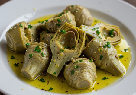 Tender marinated artichoke hearts served on a white plate, garnished with chopped parsley and drizzled with olive oil.の素材