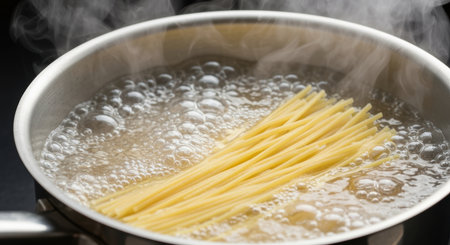 raw spaghetti boiling in bubbling hot water in a stainless steel pan with steam rising during cooking preparation.の素材