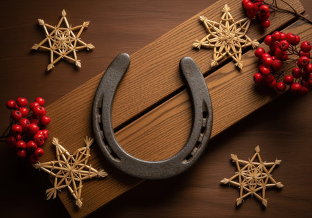 rustic horseshoe centerpiece with wooden board, straw snowflakes, and red berries for festive holiday decoration.の素材