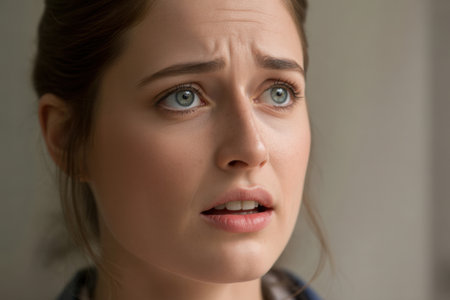 Young woman with blue eyes expressing concern as she looks up indoors with natural light highlighting her facial features.の素材