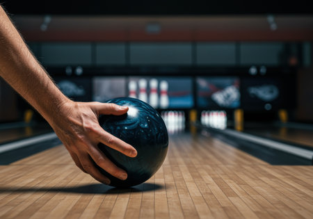 bowling player preparing to release ball on polished lane focused on striking pins in modern indoor entertainment center.の素材