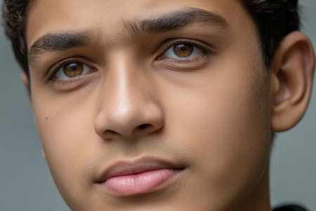 Close up portrait of a young boy with expressive brown eyes and smooth skin, reflecting emotion in a soft natural light setting.の素材