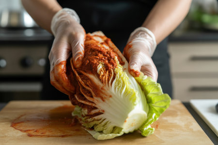 person preparing fresh cabbage kimchi in a kitchen, hands wearing gloves spreading spicy red seasoning on napa cabbage leaves.の素材