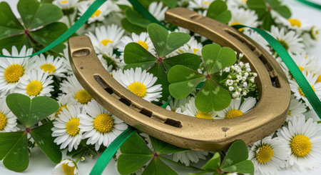 Golden horseshoe resting on a bed of fresh white daisies and green clover leaves with decorative ribbon for luck and celebration.の素材