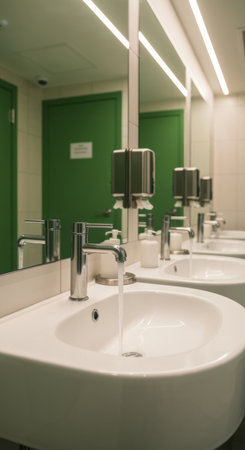 Modern public restroom interior with running tap water, green doors, clean white sinks, and illuminated mirrors.の素材