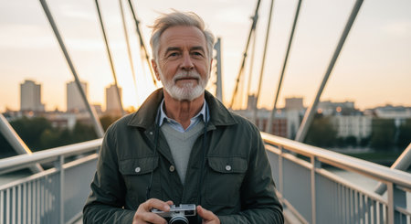Confident senior man with gray hair and beard holding camera on modern bridge at sunset, city skyline in background.の素材