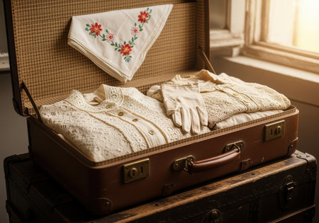 Vintage suitcase packed with lace blouses, embroidered handkerchief, and gloves near sunlit window on old wooden chest.の素材