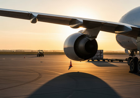 Commercial airplane wing and engine on airport runway at sunrise with cargo transport in background and warm morning light.の素材