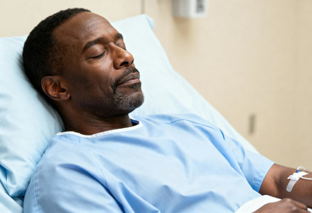 Middle aged man resting peacefully in hospital bed with iv line, recovering in healthcare facility after treatment.の素材
