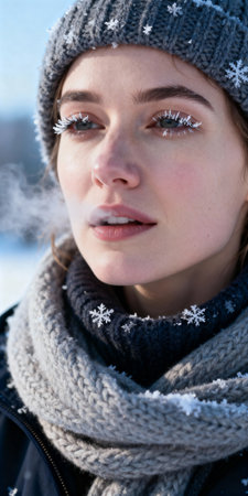 Young woman in winter clothing outdoors with snowflakes on eyelashes, exhaling visible breath in cold weather.の素材