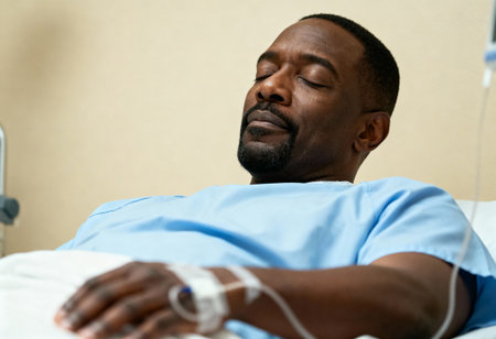 Middle aged man resting peacefully in hospital bed with iv drip during medical treatment and recovery in healthcare facility.の素材