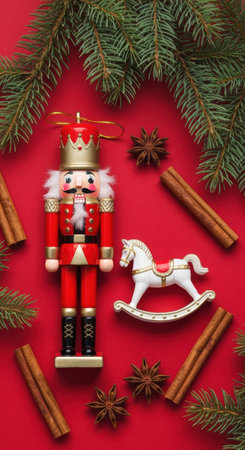 Traditional christmas nutcracker and white rocking horse on red background with cinnamon sticks, anise, and pine branches.の素材