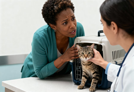 Concerned woman discussing her tabby cat's health with a veterinarian during a routine animal clinic visit.の素材