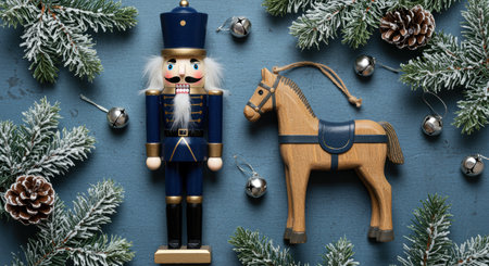 Classic wooden nutcracker soldier and toy horse surrounded by festive winter pine branches, cones, and silver jingle bells.の素材