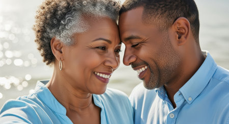 Joyful mature couple embracing outdoors, smiling with foreheads together near water on a sunny day.の素材