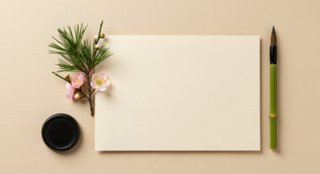 Minimalist blank card with delicate cherry blossom branch, green bamboo brush, and ink jar on beige background, top view.の素材