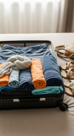 Neatly packed suitcase with organized clothing, sandals, handbag, and scarf on a bed in a bright cozy hotel room.の素材