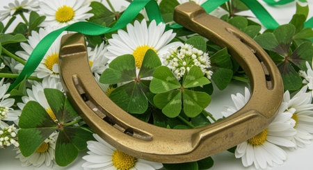 Golden horseshoe with fresh clover leaves and white daisies on a green ribbon for luck and celebration of springtime traditions.の素材