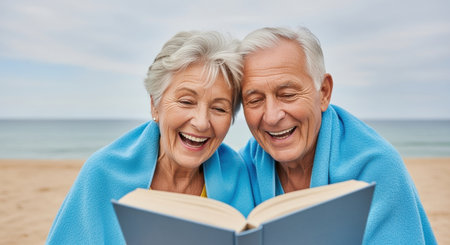 Senior couple wrapped in blue blanket reading together on the beach enjoying a happy and relaxing day outdoors.の素材