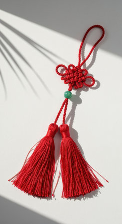 Traditional red chinese knot hanging ornament with tassels and jade bead casting intricate shadows on a bright minimalist background.の素材
