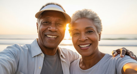 Joyful senior couple smiling at the beach during sunset, embracing a healthy lifestyle and happiness in their golden years together.の素材