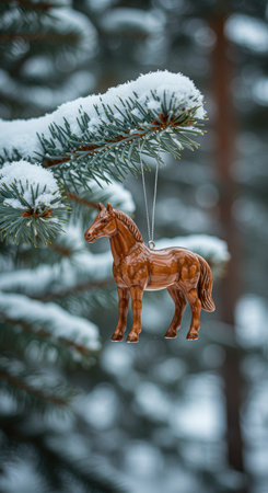 Shiny brown horse ornament hanging on snowy evergreen branch during winter, surrounded by frosted pine needles and tranquil forest.の素材