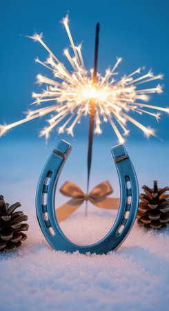 Silver horseshoe and sparkling firework on snowy surface with pine cones, festive winter celebration and good luck symbol.の素材