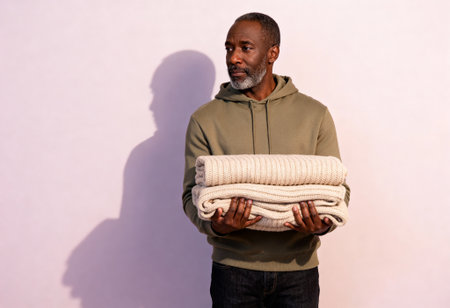 Mature man in olive hoodie holding folded blankets against neutral background looking to the side in soft studio lighting.の素材