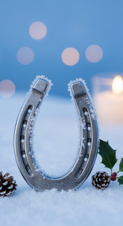 frosted horseshoe resting on snow with holly, pinecones, and candlelight creating a festive winter holiday atmosphere.の素材