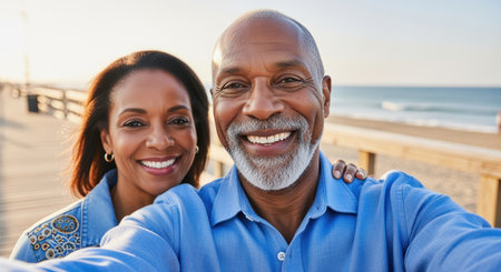Smiling mature couple taking a selfie together on a sunny boardwalk by the ocean, embracing happiness and togetherness outdoors.の素材
