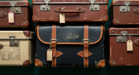 Collection of vintage leather suitcases and travel trunks stacked together with luggage tags and worn textured surfaces.の素材
