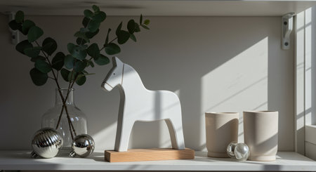 Minimalist white wooden horse figurine with ceramic cups, glass vase, and silver decorative orbs on sunlit shelf interior.の素材