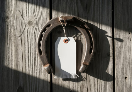 Rustic iron horseshoe hanging on wooden wall with blank tag in sunlight creating shadows and vintage farmhouse atmosphere.の素材