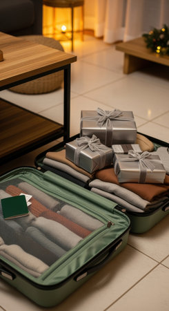 Open suitcase neatly packed with winter clothing and silver gift boxes beside holiday decorations in cozy indoor setting.の素材