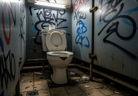 Abandoned public restroom with graffiti covered walls, dirty floors, broken tiles, and a neglected toilet under fluorescent light.の素材