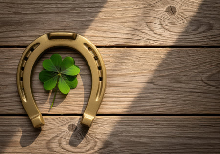 Golden horseshoe and four leaf clover symbolizing good luck and fortune on a sunlit wooden surface with natural shadows.の素材