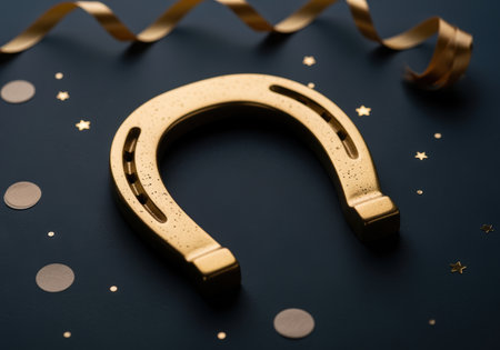 Golden horseshoe surrounded by festive confetti, ribbon, and sparkling stars on dark surface symbolizing celebration and good luck.の素材